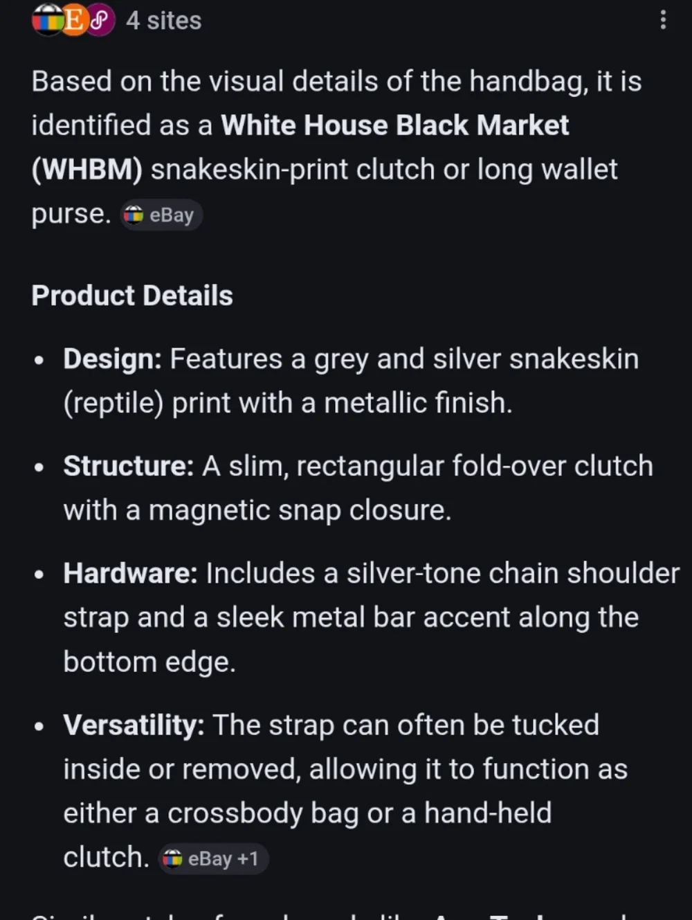 White House Black Market Silver Snake-Embossed Chain Clutch